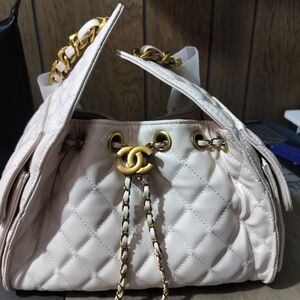 Quilted White Chain-Accent Shoulder Bag